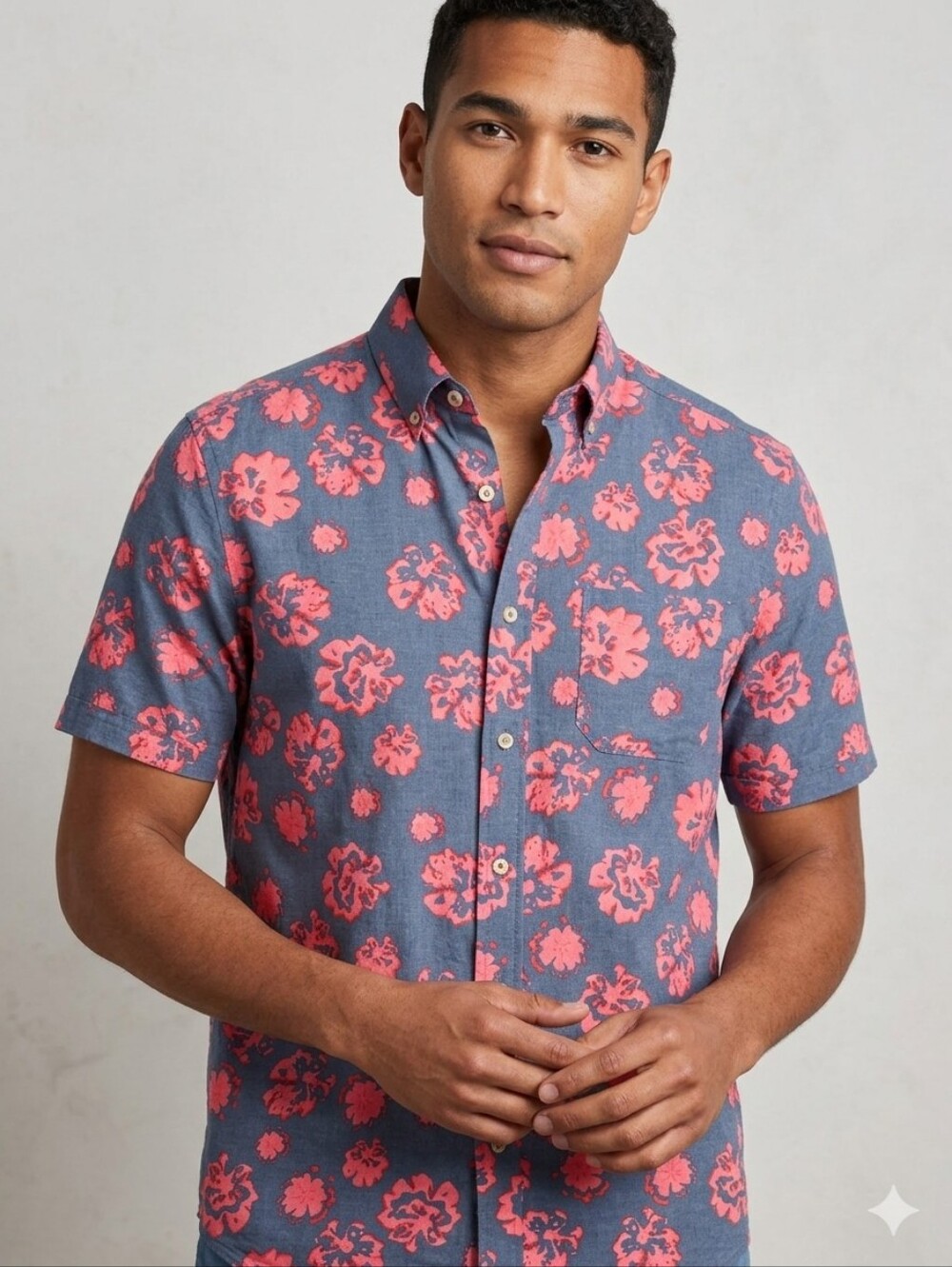 Southern Tide Indigo Blue Short-Sleeve Button-Down with Pink Floral Print, S